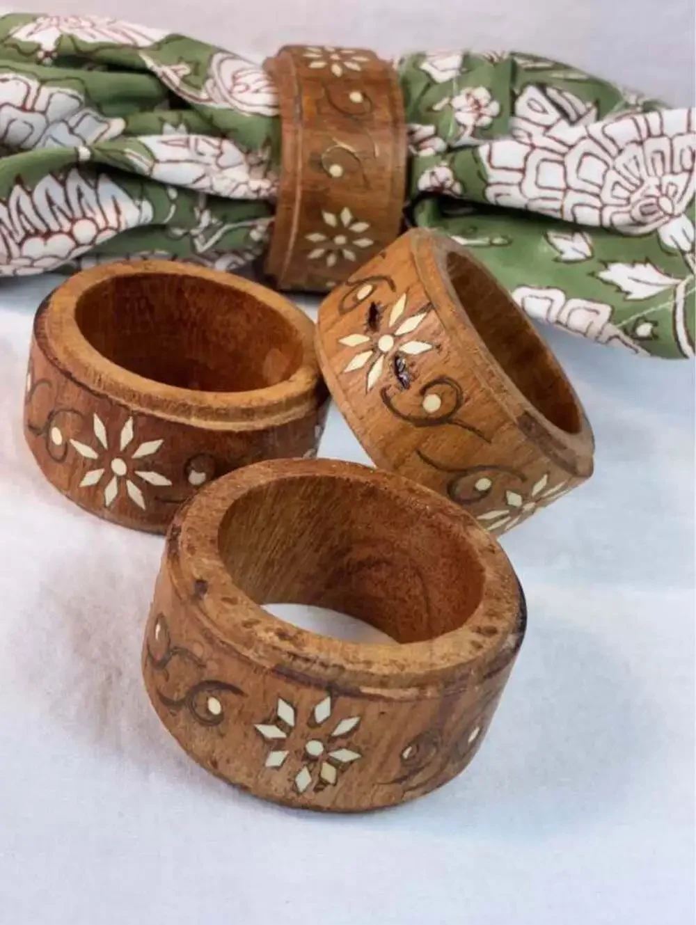 Set of 4 Vintage Hand-Carved Wooden Napkin Rings with Floral Inlay